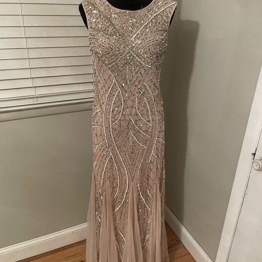 Adrianna Papell Beaded Maxi Dress in Cream and Silver